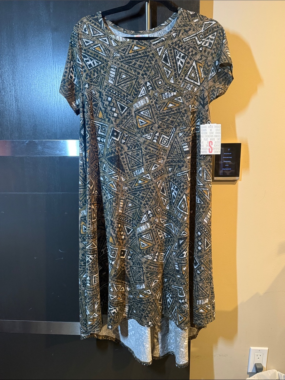 LuLaRoe Olive and Black Geometric Midi Carly Dress